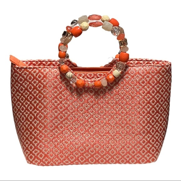 Capelli Woven Straw Beaded Handbag Handle Boxy Beach Weekend Spring Fashion Logo - Picture 2 of 7